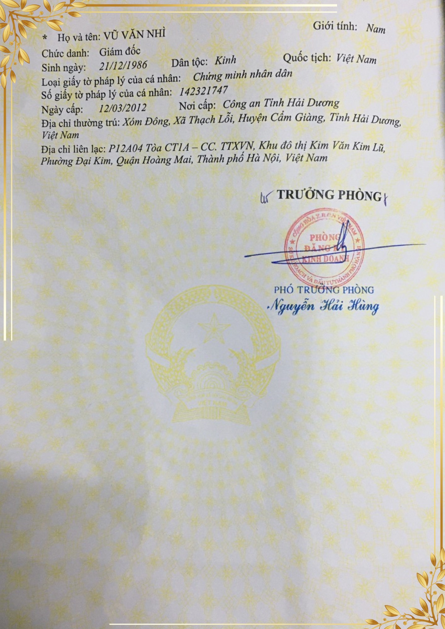 giấy đăng ký kinh doang công ty Vân Hoàng Phát