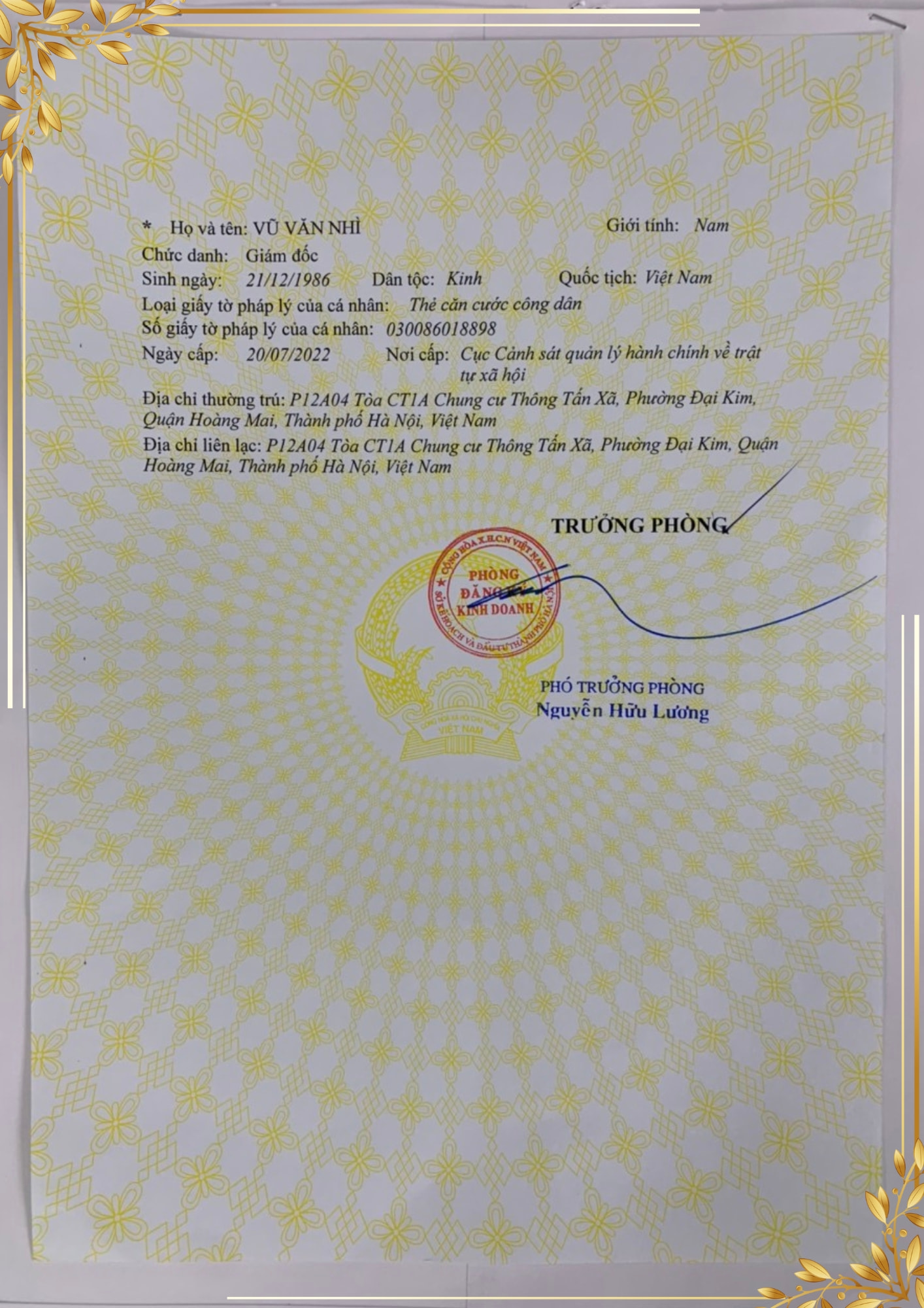 Mẫu giấy đăng ký kinh doanh công ty Vân Hoang Phát được 