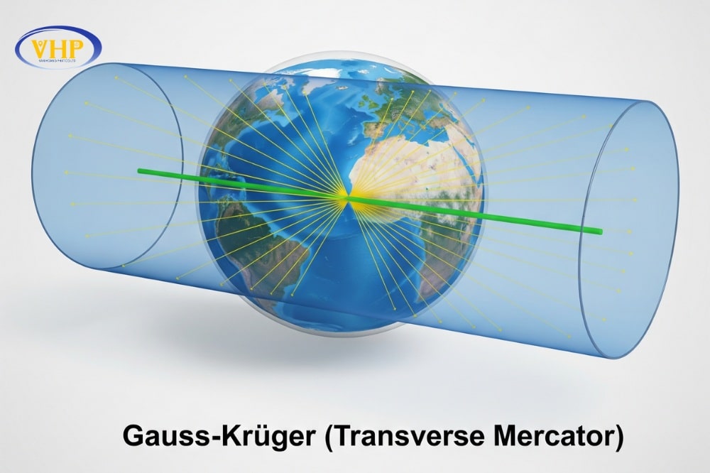 Phép chiếu Gauss-Krüger – dạng hình trụ ngang, bảo toàn góc và hình dạng khu vực nhỏ