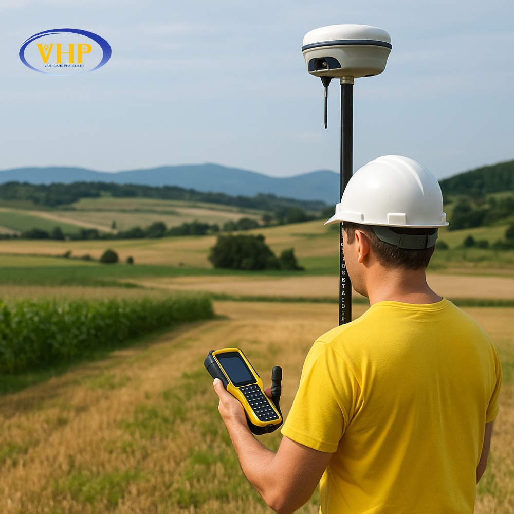 Kỹ sư đo đạc ngoài trời bằng máy RTK GPS