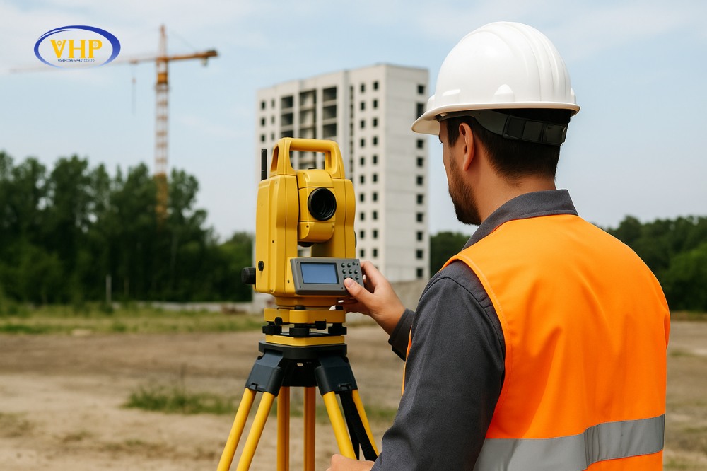 Kỹ sư đo đạc công trình bằng máy toàn đạc