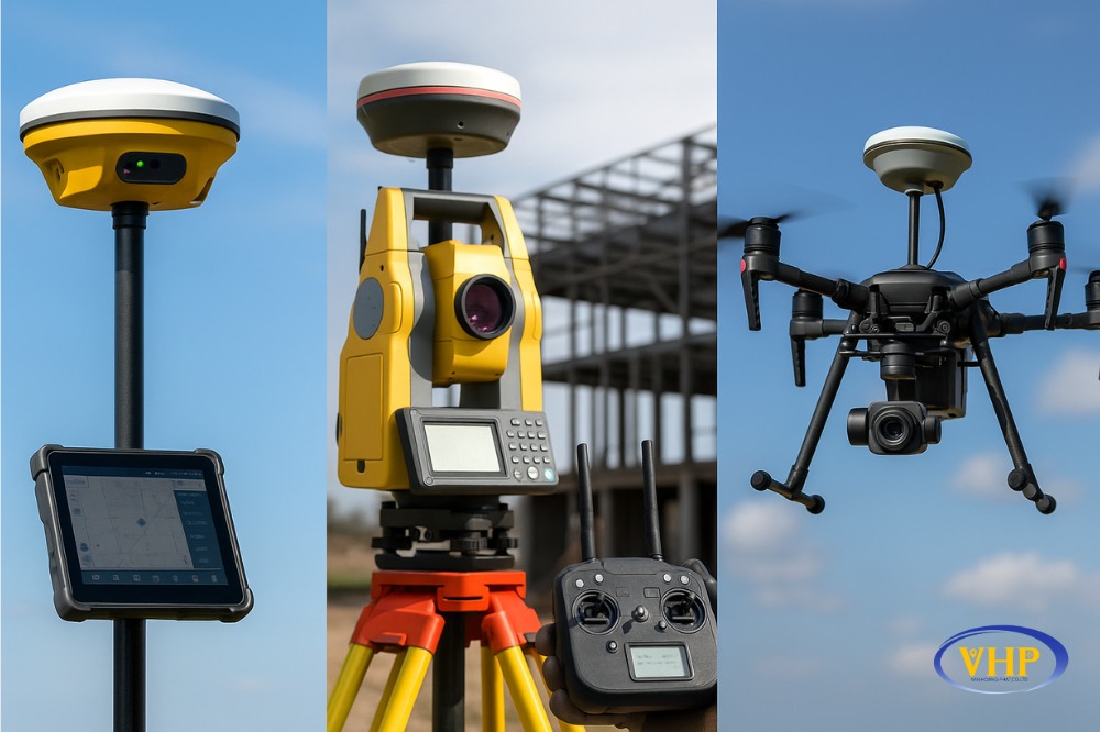Minh họa xu hướng công nghệ trắc địa mới như UAV và máy toàn đạc robot