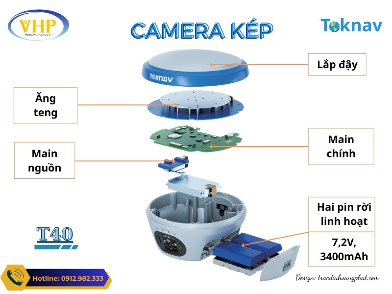 Máy GPS RTK Toknav T40 Được tích hợp hai pin rời 7,2V, 3400mAh mạnh mẽ