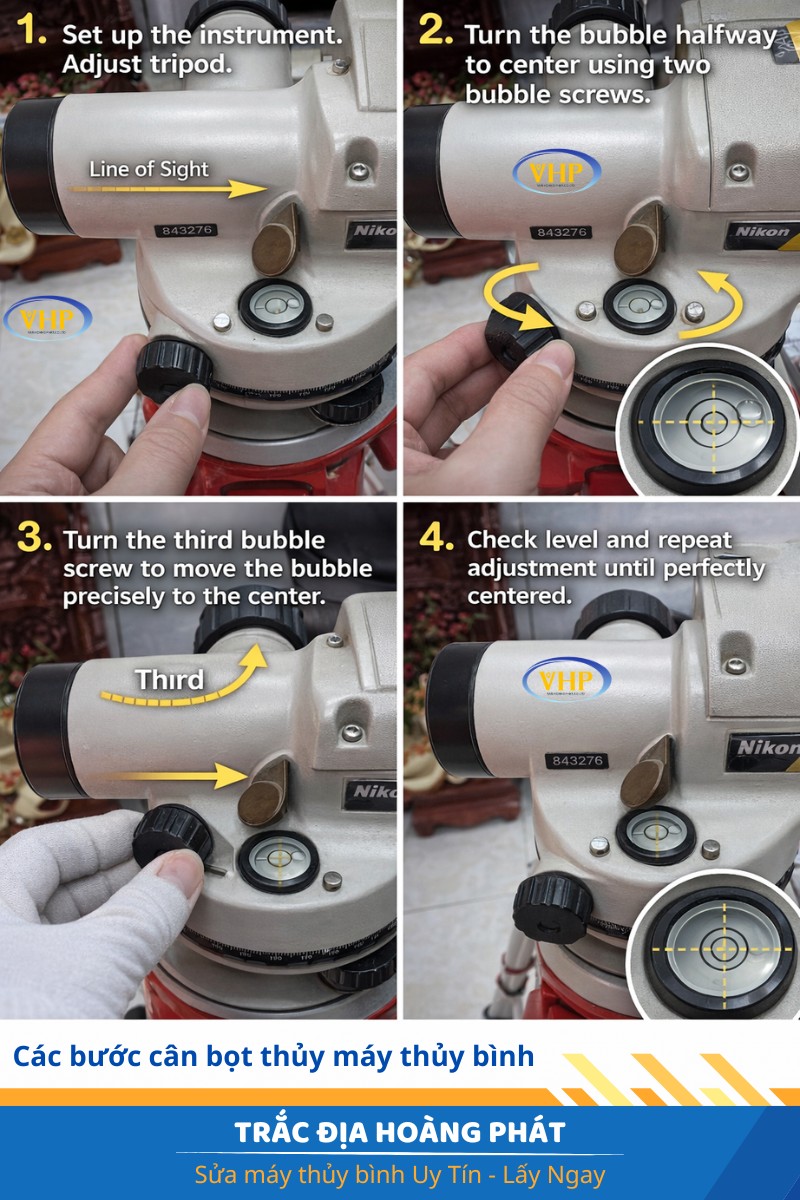 Quy trình cân chỉnh bọt thủy máy thủy bình tại Trắc Địa Hoàng Phát đảm bảo độ chính xác cao.