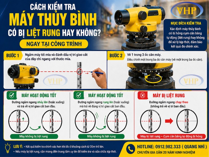 Kiểm tra máy thủy bình bằng cách chỉnh ốc cân và quan sát đường ngắm trên mia.