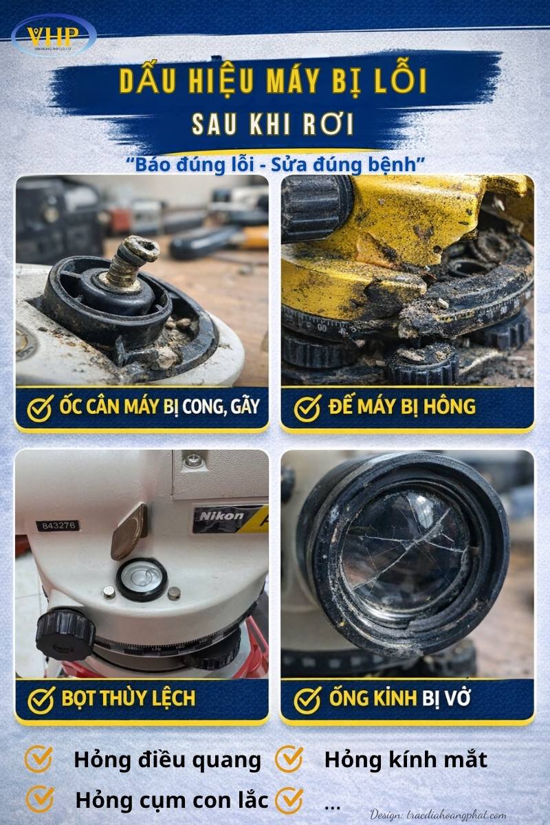 Những dấu hiệu cơ bản của máy thủy bình khi không may bị rơi đổ. Các lỗi có thể mắc phải