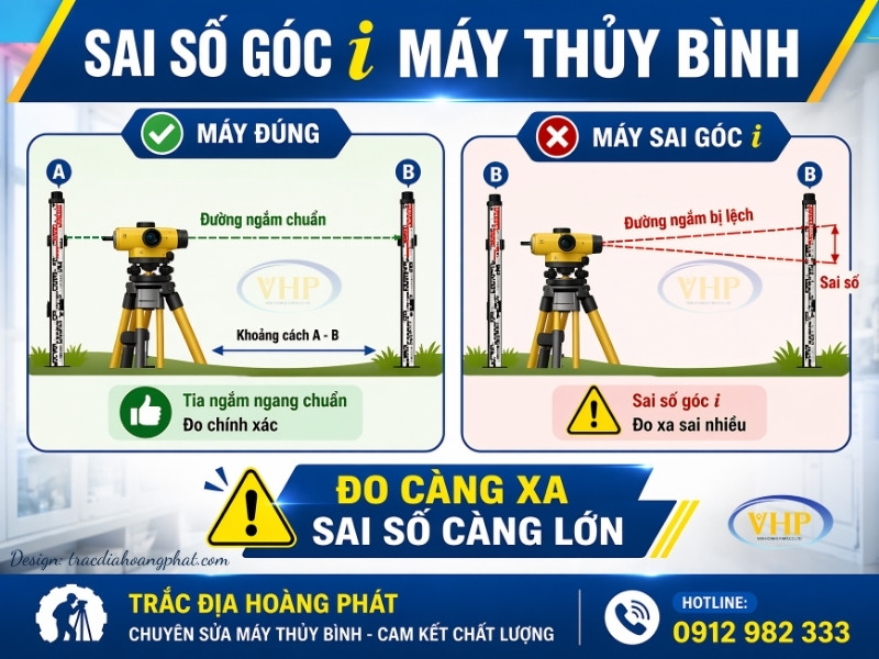 Sai số góc i là nguyên nhân khiến máy thủy bình đo sai cao độ, đặc biệt khi đo ở khoảng cách xa.