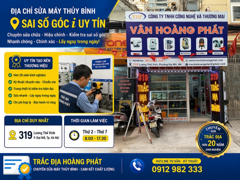 Liên hệ Trắc Địa Hoàng Phát để kiểm tra và sửa máy thủy bình sai số góc i nhanh chóng, chính xác.