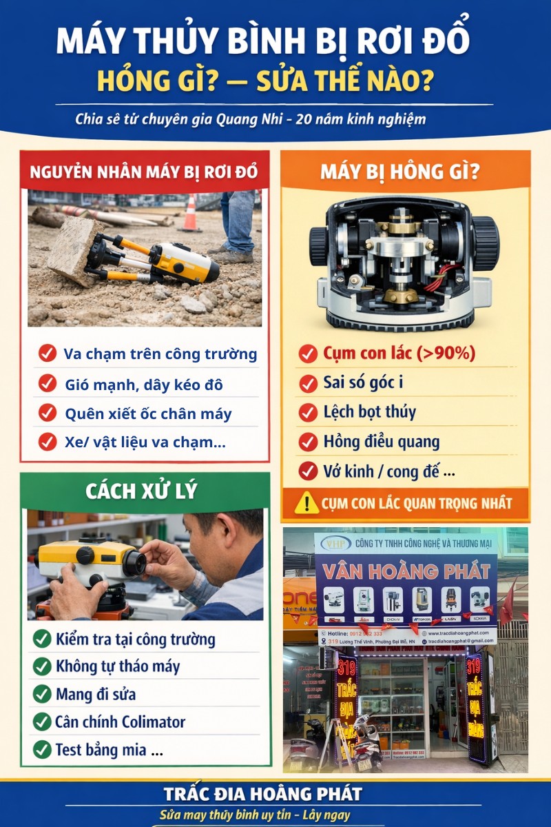 Máy thủy bình bị rơi đổ hỏng những gì? Nguyên nhân và cách khắc phục