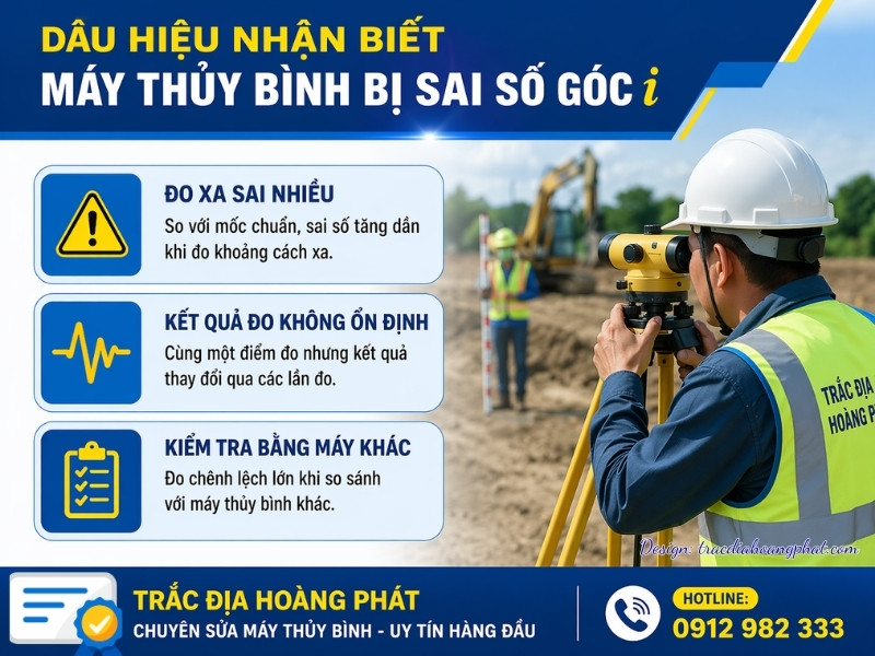 Các dấu hiệu nhận biết máy thủy bình bị sai số góc i như đo lệch mốc chuẩn, đo xa sai số lớn và kết quả không lặp lại.