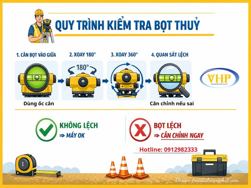 Kiểm tra bọt thủy máy thủy bình tại công trường bằng cách xoay máy 90°, 180°, 270° để phát hiện sai lệch.