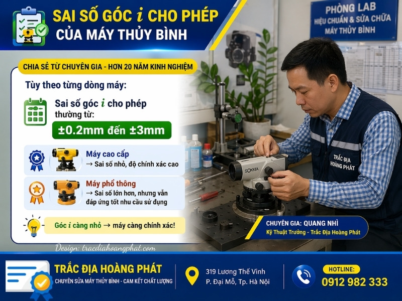 Sai số góc i cho phép của máy thủy bình dao động từ ±0.2mm đến ±3mm tùy dòng máy.
